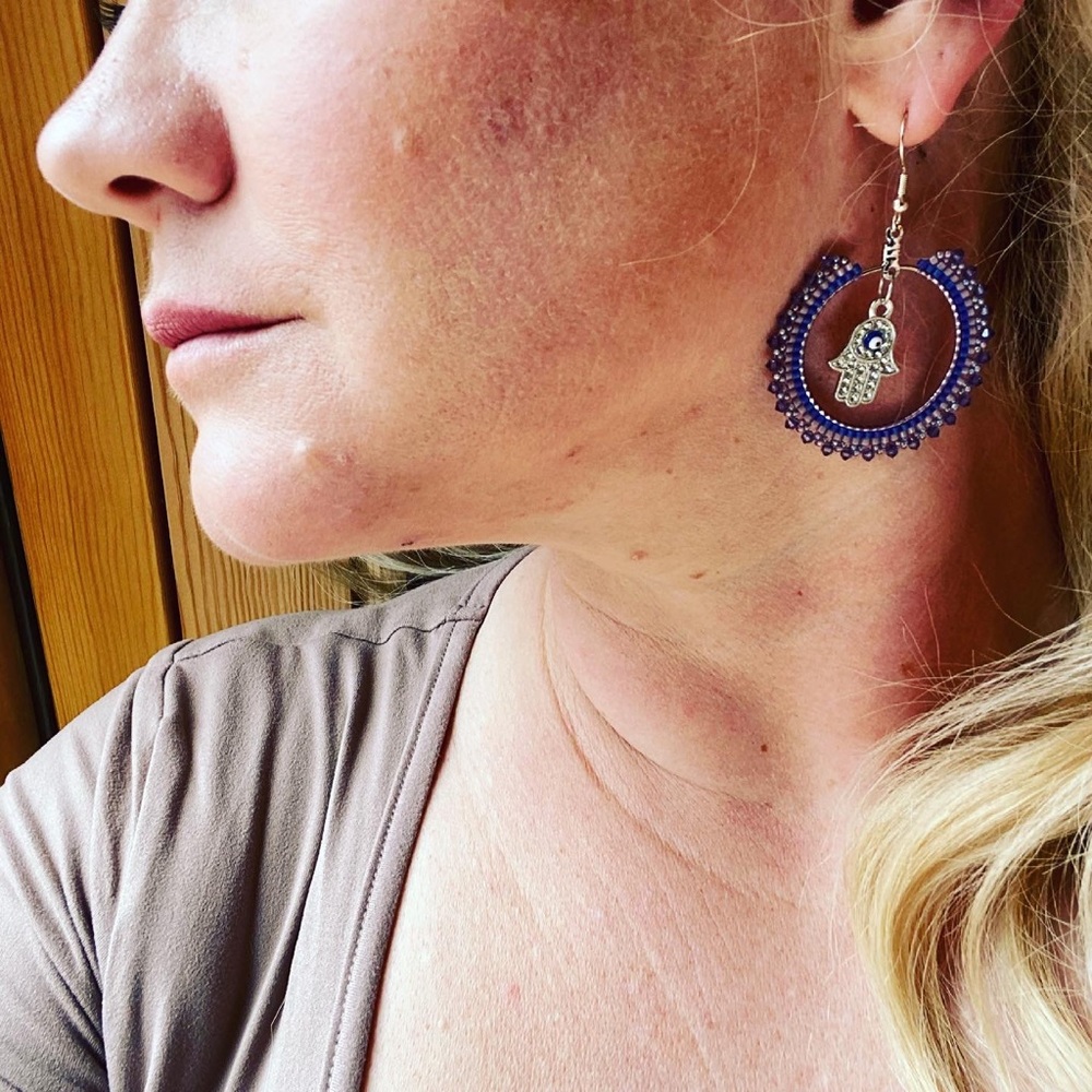 Boho Beaded Hand of Fatima HANDMADE Purple Hoop Earrings - Picture 2 of 6